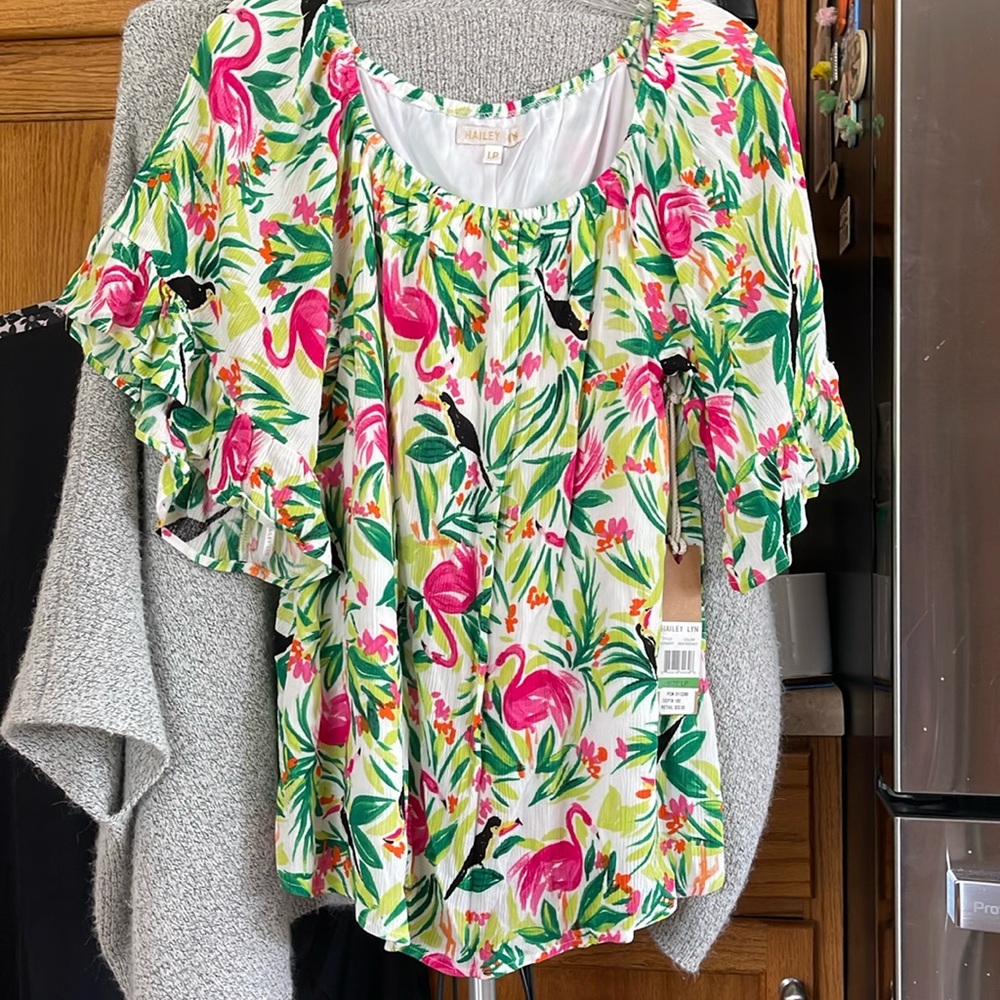 Hailey Lyn Women LP All Over Tropical Shirt Flamingo Toucans